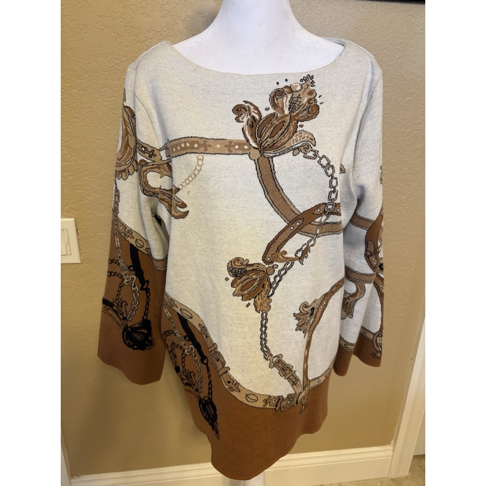 Chicos Equestrian Print Boat Neck Jacquard Knit‎ Sweater, 2-Large